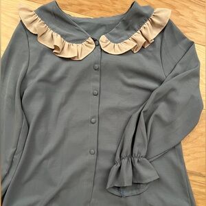 🩵🎀Blue Ruffle Bib Collar Blouse Shirt